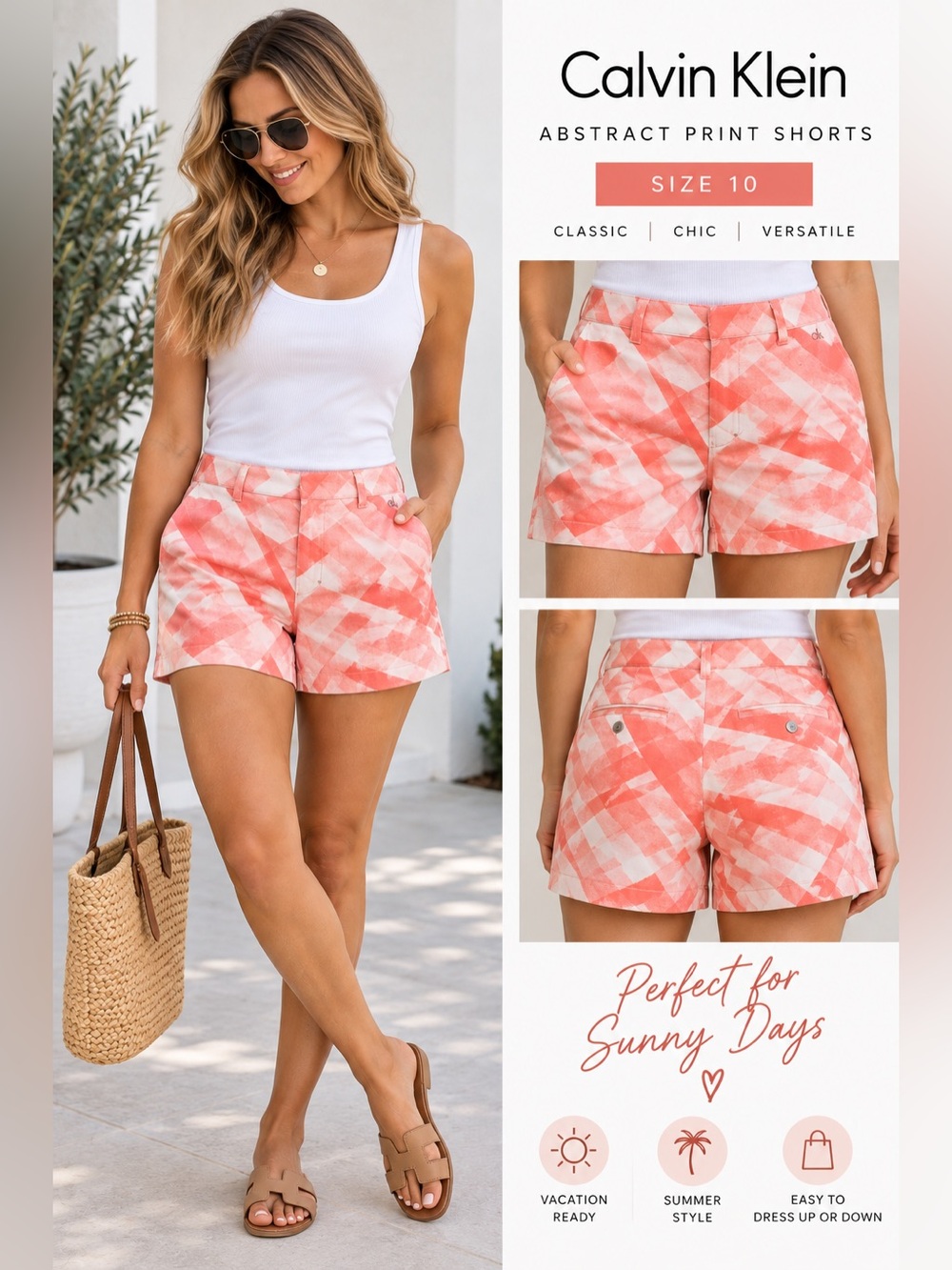 Calvin Klein Coral Pink Abstract Print Chino Shorts Size 10